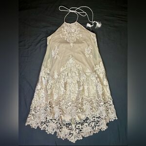 NEW SKY Cocktail Backless Nude Tan Lace Layered Halter Mini Dress S